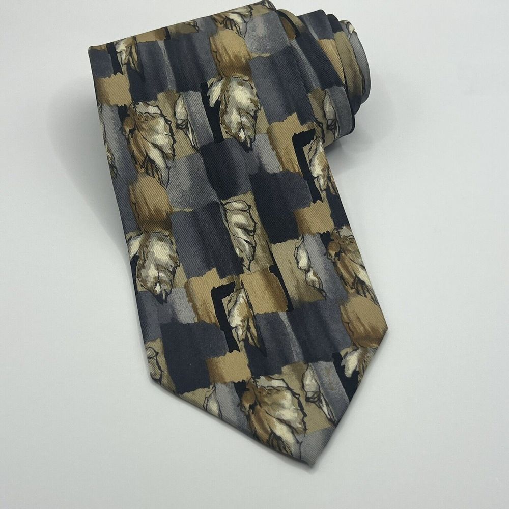 Geoffrey Beene Silk Tie Necktie Suit Grid Leaves Fall Grey Brown Tan